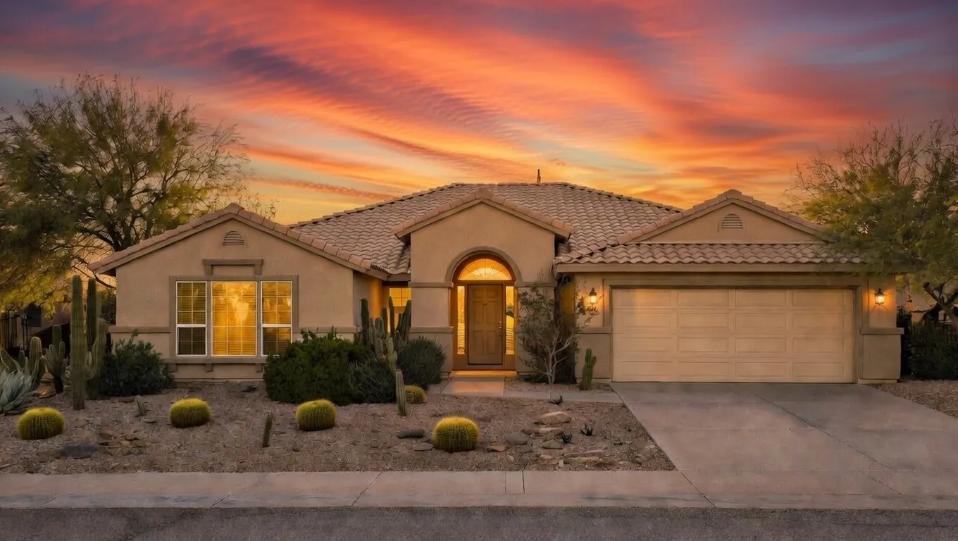 Front of a stucco home at sunset
